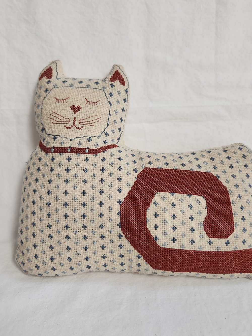 Handmade Cross Stitch Cat Pillow